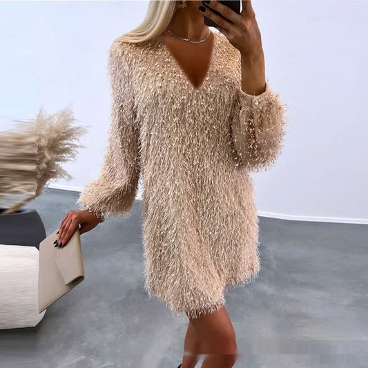 Womens Crew-Neck Fuzzy Tassel Dress