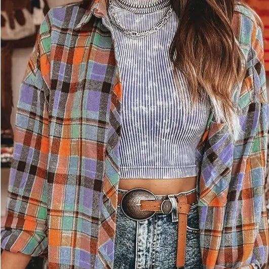 Summer New Plaid Printed Long-sleeved Top Women WshowbizMart