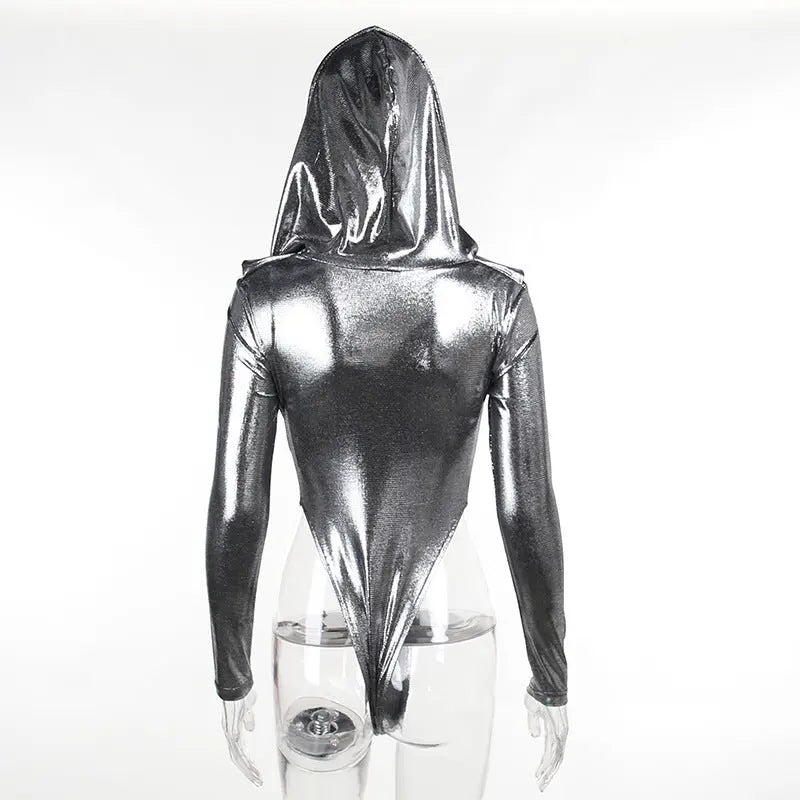 Slim-fit Shiny Hooded Long-sleeved Jumpsuit For Women ShowbizMart