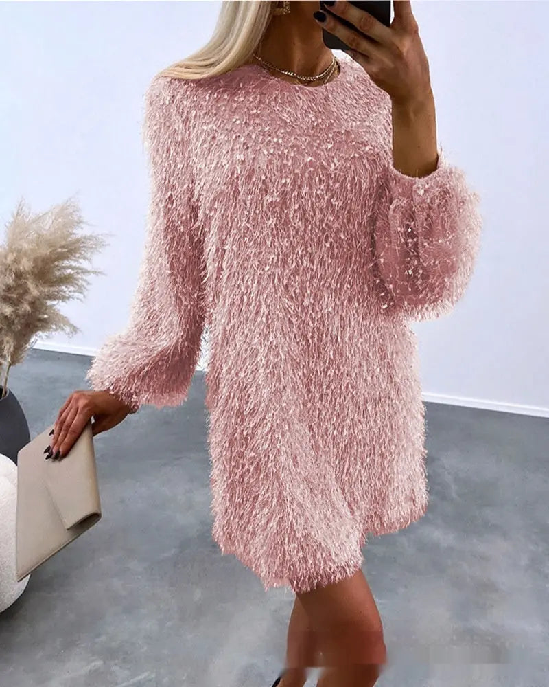 Womens Crew-Neck Fuzzy Tassel Dress