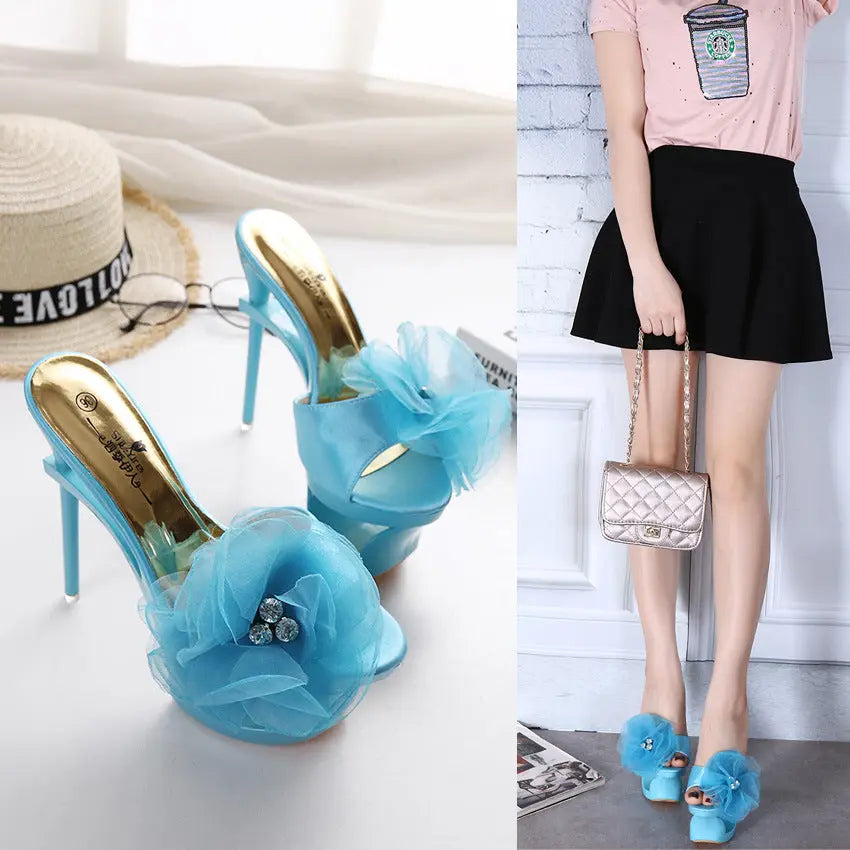 Womens Satin-Trimmed Diamond-Embellished Chiffon Floral Heels WshowbizMart