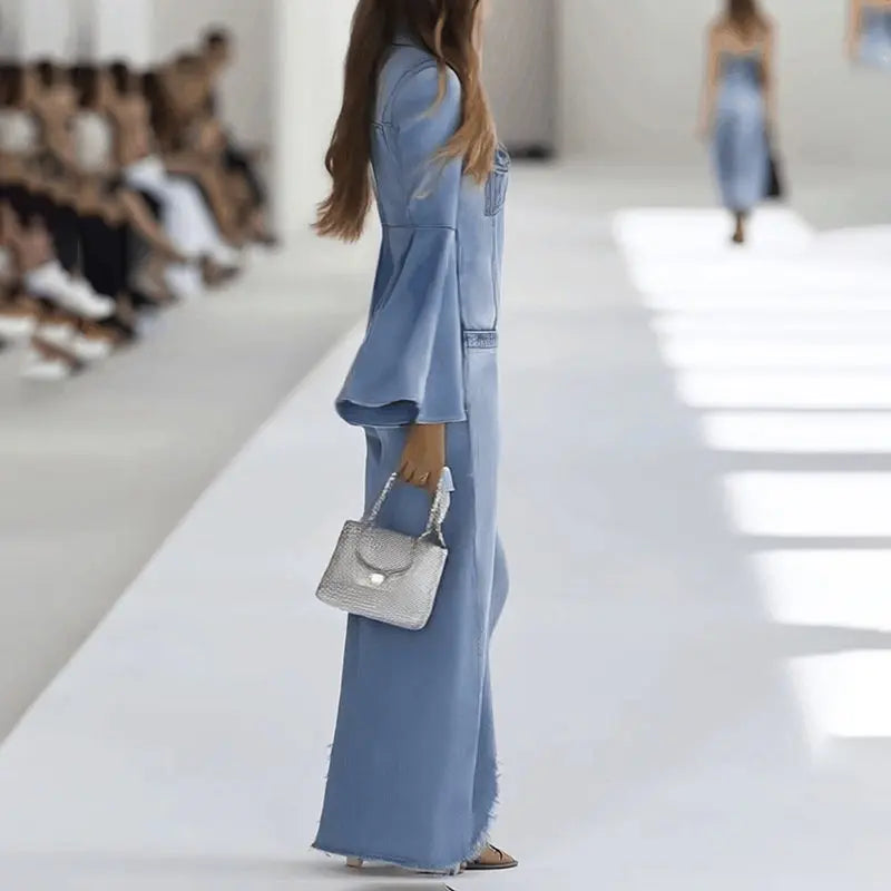 Women’s Denim Jumpsuit with Bell Sleeves & Deep V-Neck WshowbizMart