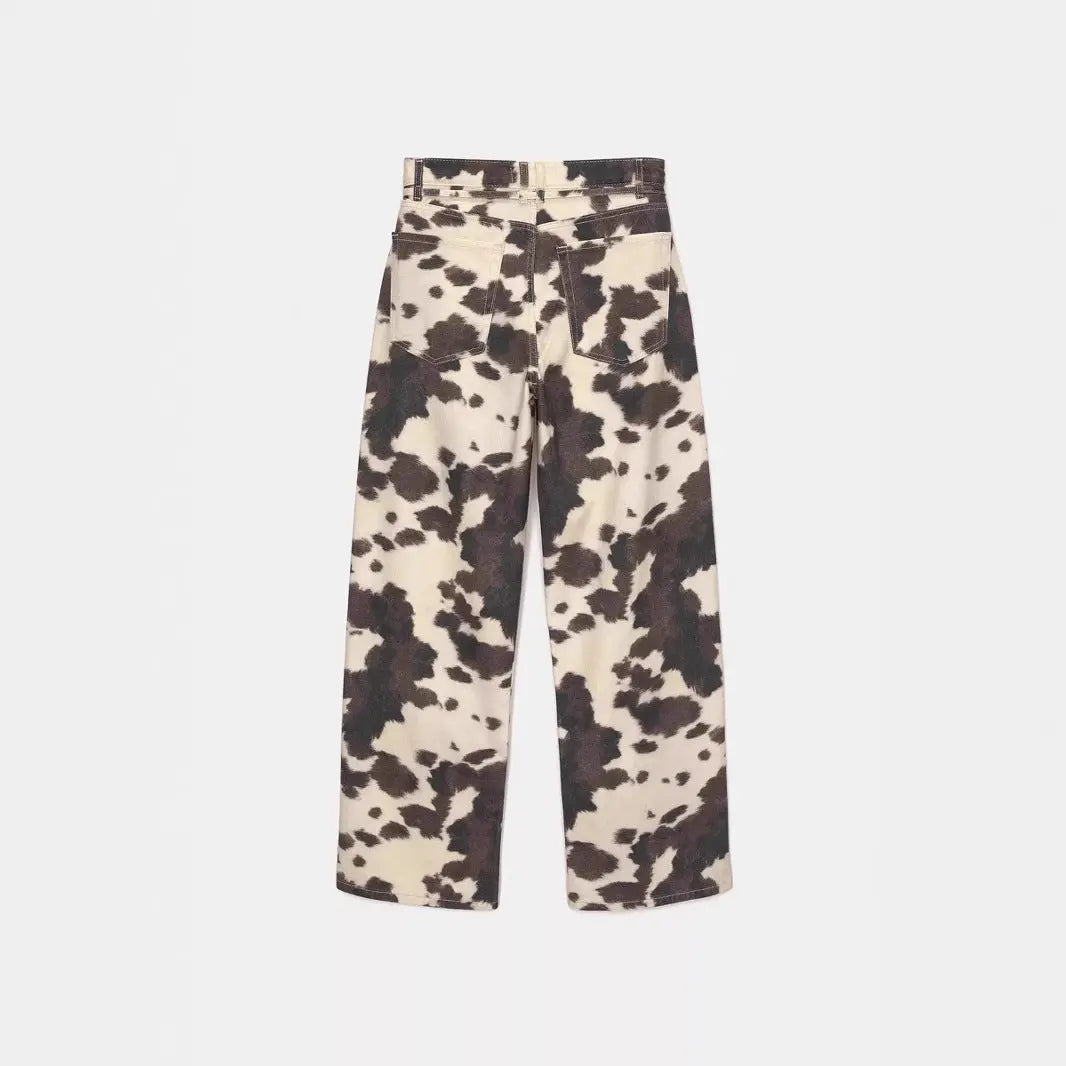 Womens Retro Washed Denim Jeans With Cow Print