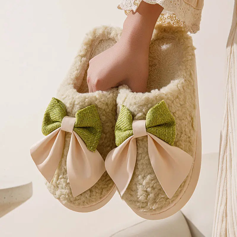 Bow Slippers Indoor Couple Non-slip Floor Bedroom Slippers Winter Warm Plush Home Shoes Household Indoor Warm WshowbizMart