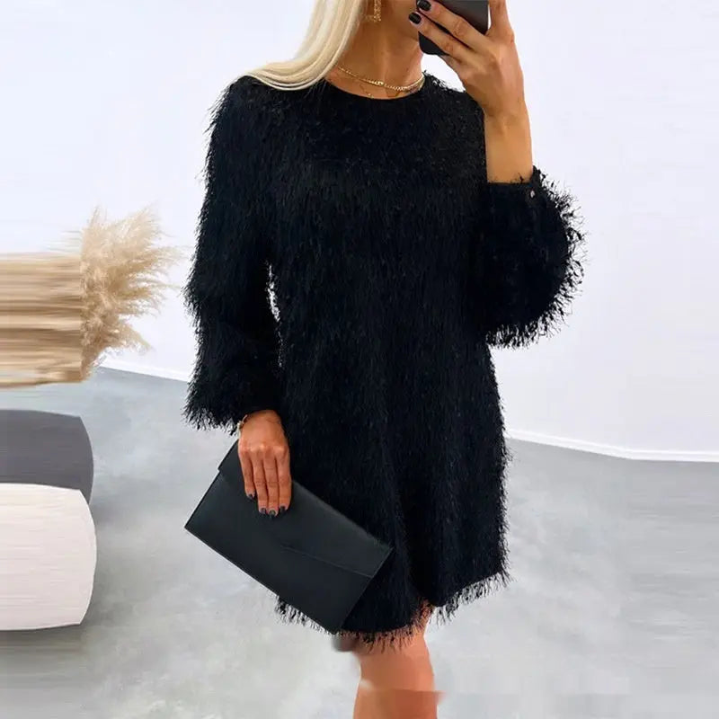 Womens Crew-Neck Fuzzy Tassel Dress