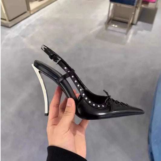 Pointed-toe Rivet-backed Stiletto Heels With A Thin Heel And Lace-up Design WshowbizMart
