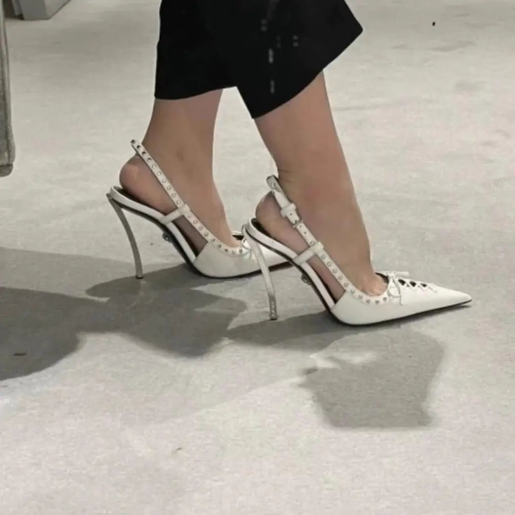 Pointed-toe Rivet-backed Stiletto Heels With A Thin Heel And Lace-up Design WshowbizMart