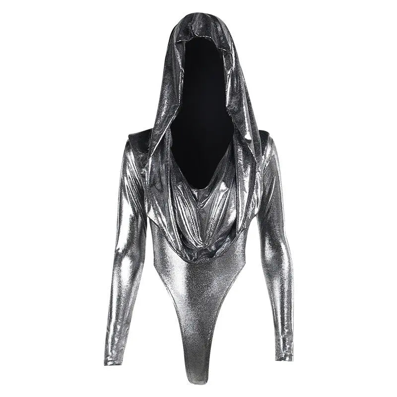 Slim-fit Shiny Hooded Long-sleeved Jumpsuit For Women ShowbizMart