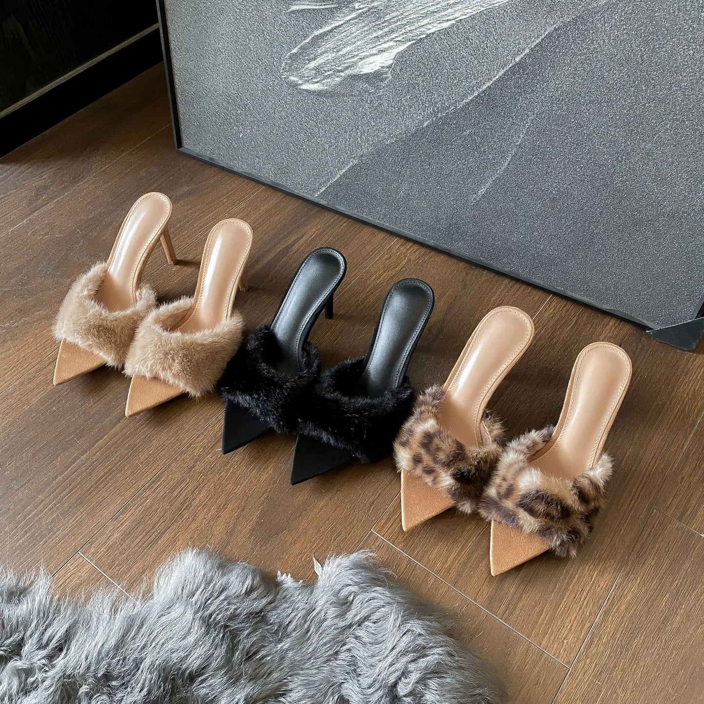 Pointed-toe Slender High-heel Non-slip Plush Shoes High-heel Slippers WshowbizMart