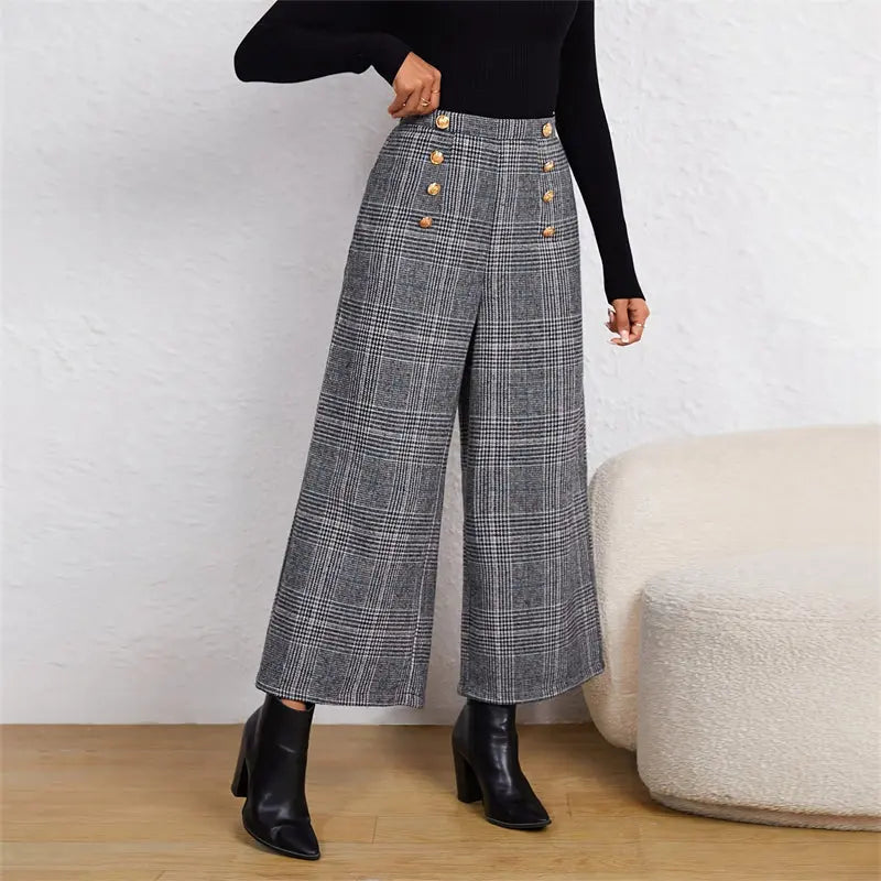 Women's Spring Fashion Plaid Wide-Leg Ninth Pants With Double-Breasted Decoration For Daily Office Wear WshowbizMart