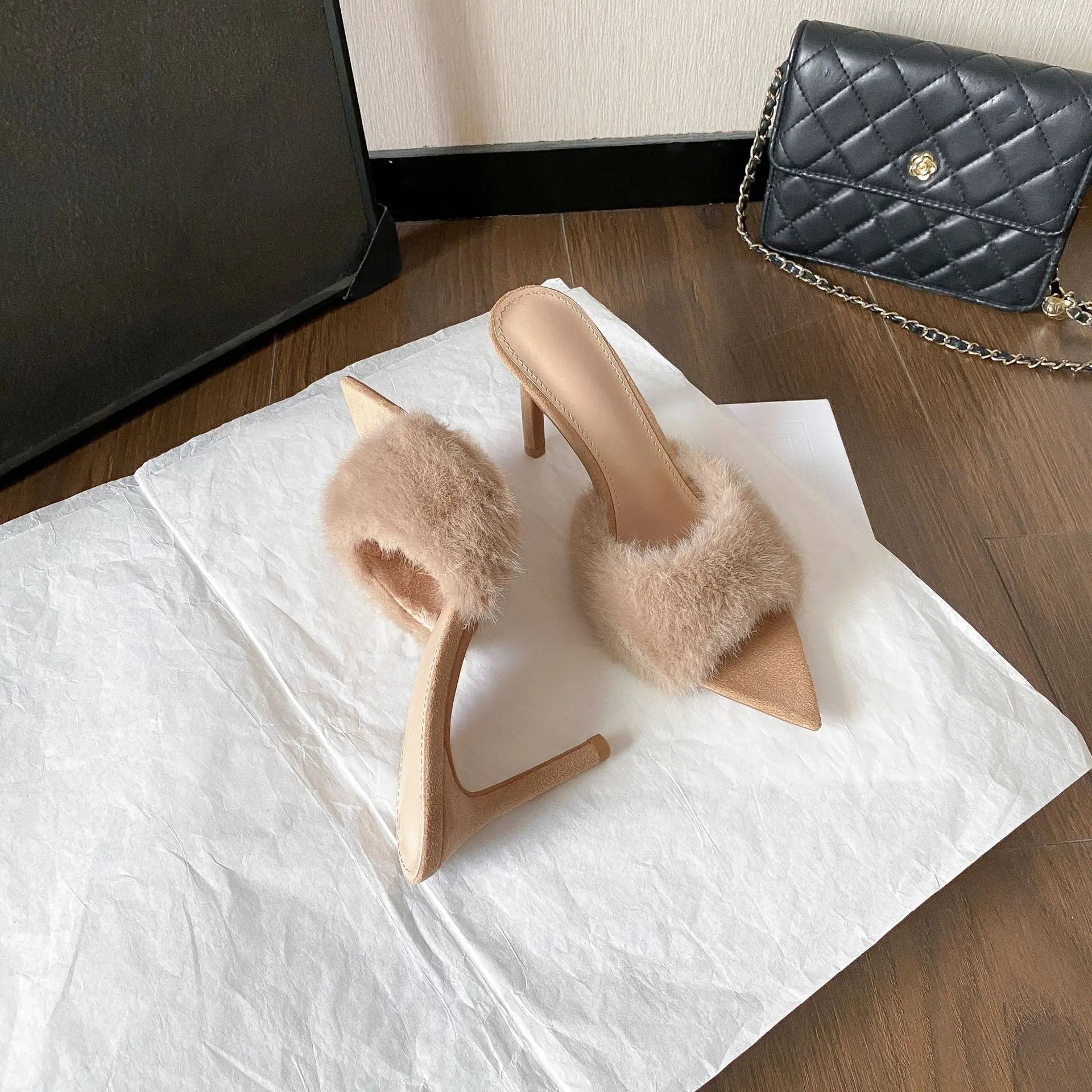 Pointed-toe Slender High-heel Non-slip Plush Shoes High-heel Slippers WshowbizMart