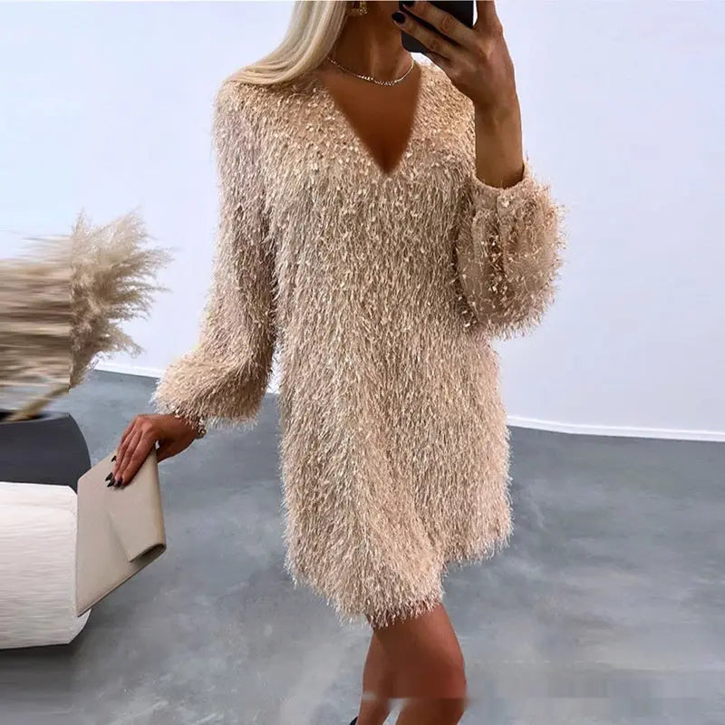 Womens Crew-Neck Fuzzy Tassel Dress