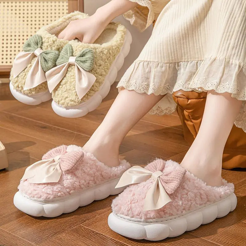 Bow Slippers Indoor Couple Non-slip Floor Bedroom Slippers Winter Warm Plush Home Shoes Household Indoor Warm WshowbizMart