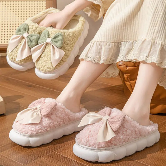 Bow Slippers Indoor Couple Non-slip Floor Bedroom Slippers Winter Warm Plush Home Shoes Household Indoor Warm WshowbizMart
