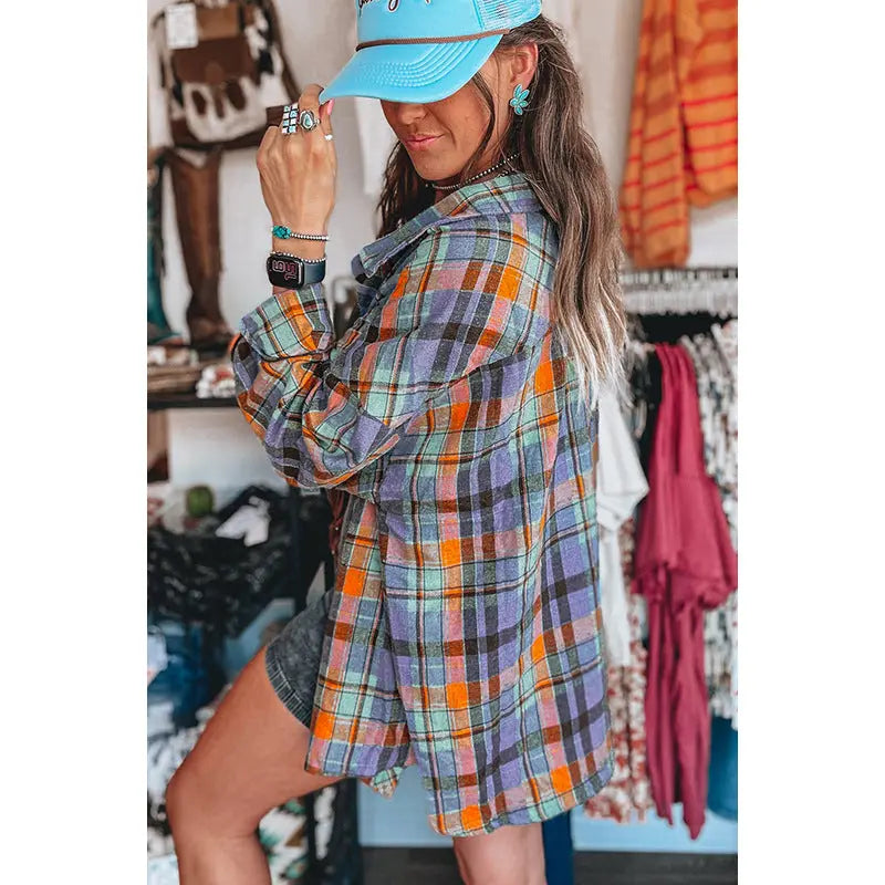 Summer New Plaid Printed Long-sleeved Top Women WshowbizMart