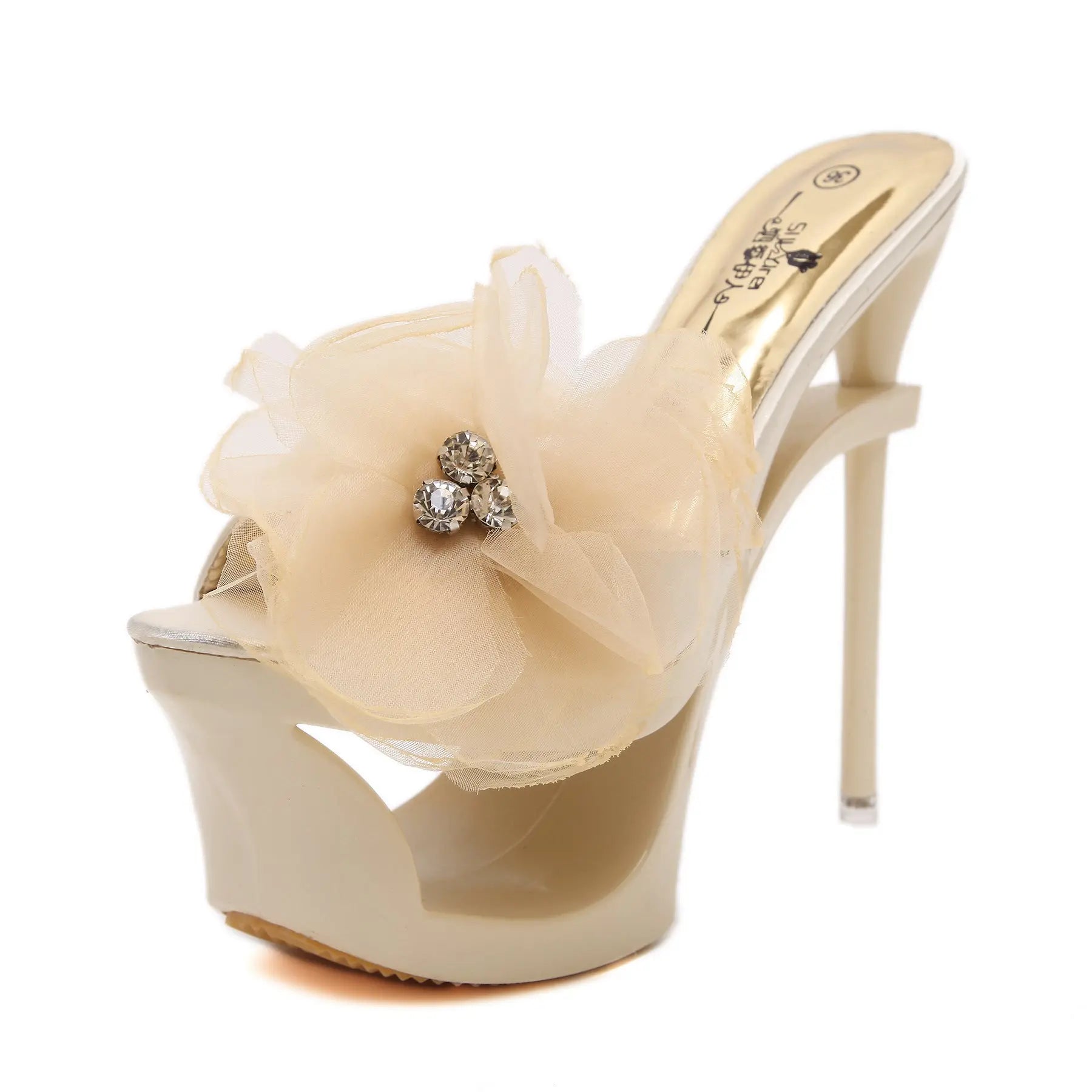 Womens Satin-Trimmed Diamond-Embellished Chiffon Floral Heels WshowbizMart