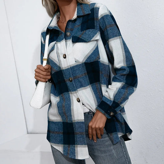 Cashmere Plaid Top Loose Casual Shirt Jacket Women WshowbizMart
