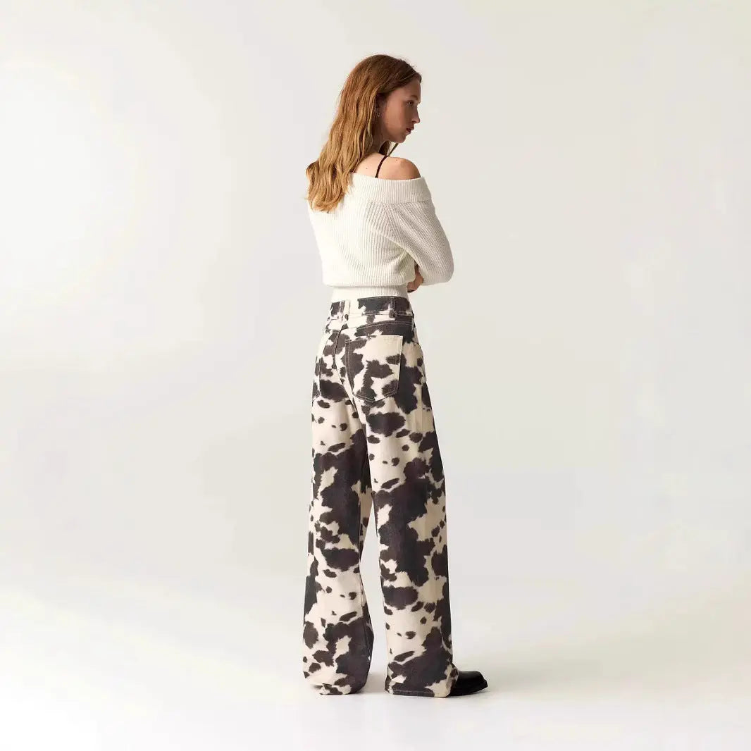 Womens Retro Washed Denim Jeans With Cow Print