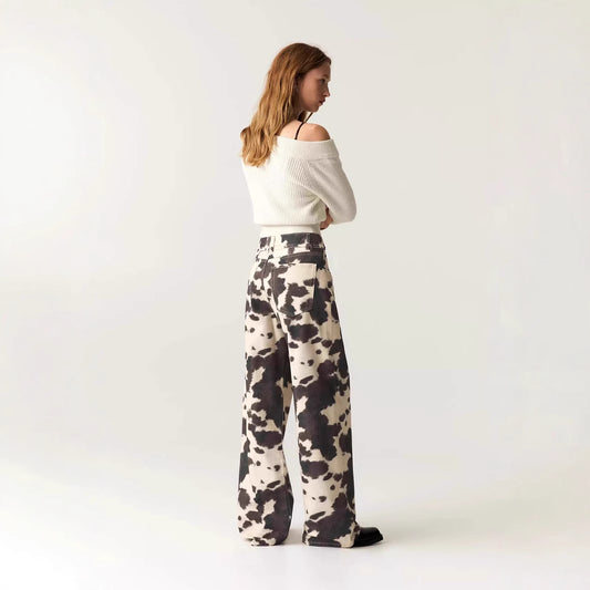 Womens Retro Washed Denim Jeans With Cow Print
