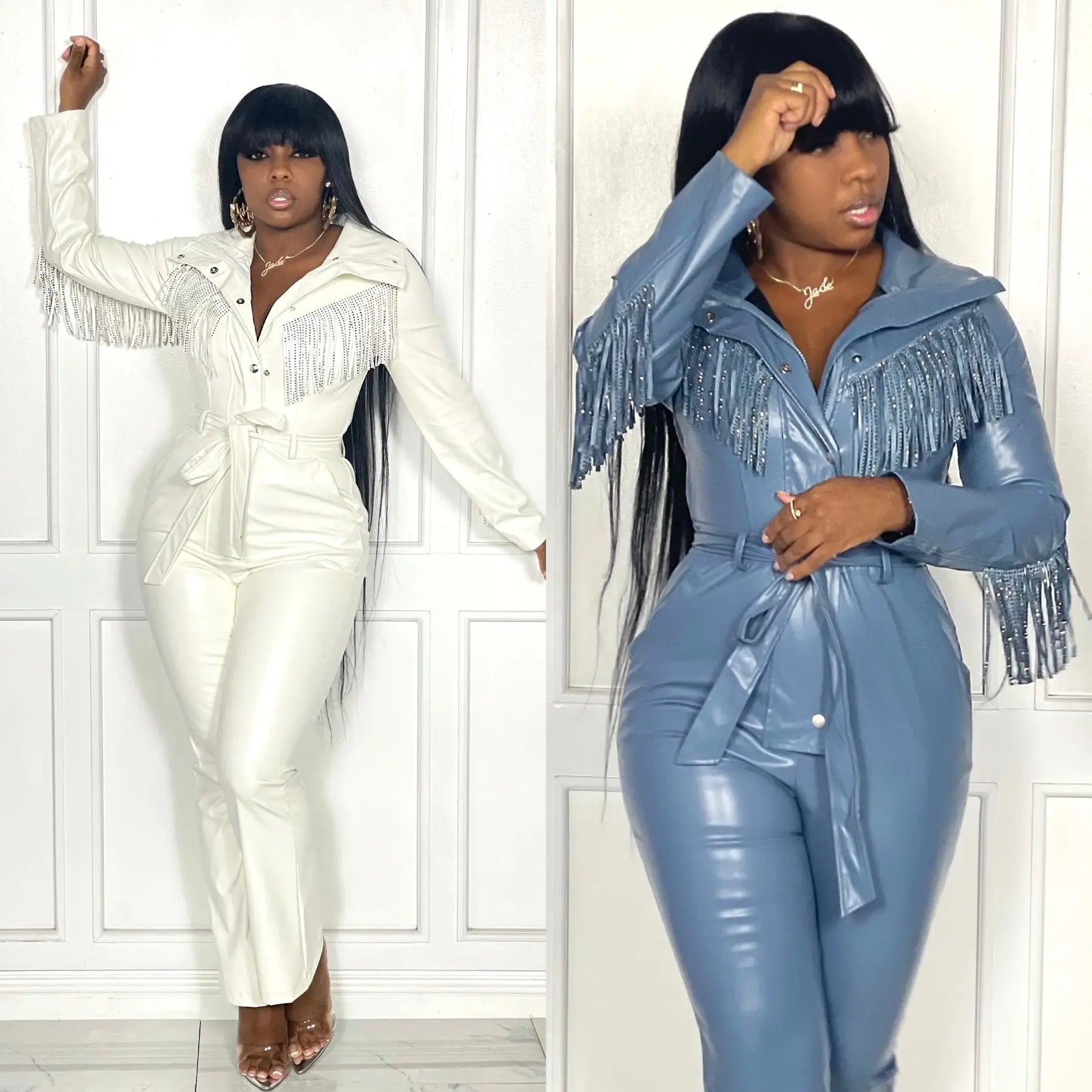 Lapel Button Faux Leather Jumpsuit ShowbizMart