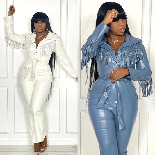 Lapel Button Faux Leather Jumpsuit