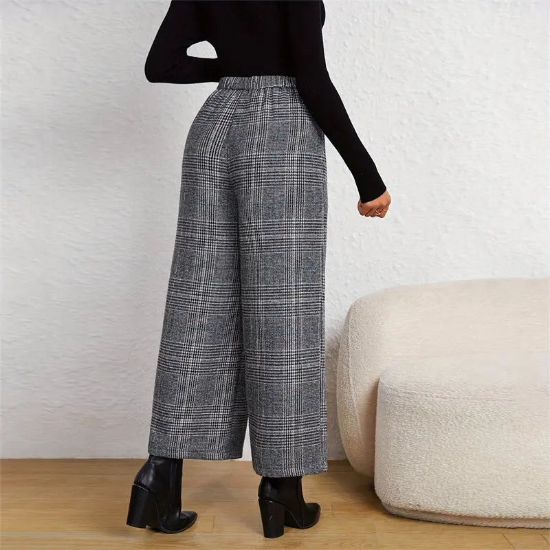 Women's Spring Fashion Plaid Wide-Leg Ninth Pants With Double-Breasted Decoration For Daily Office Wear WshowbizMart