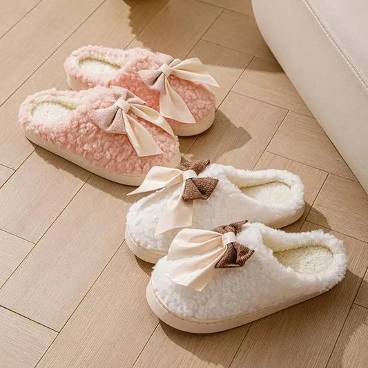 Bow Slippers Indoor Couple Non-slip Floor Bedroom Slippers Winter Warm Plush Home Shoes Household Indoor Warm WshowbizMart