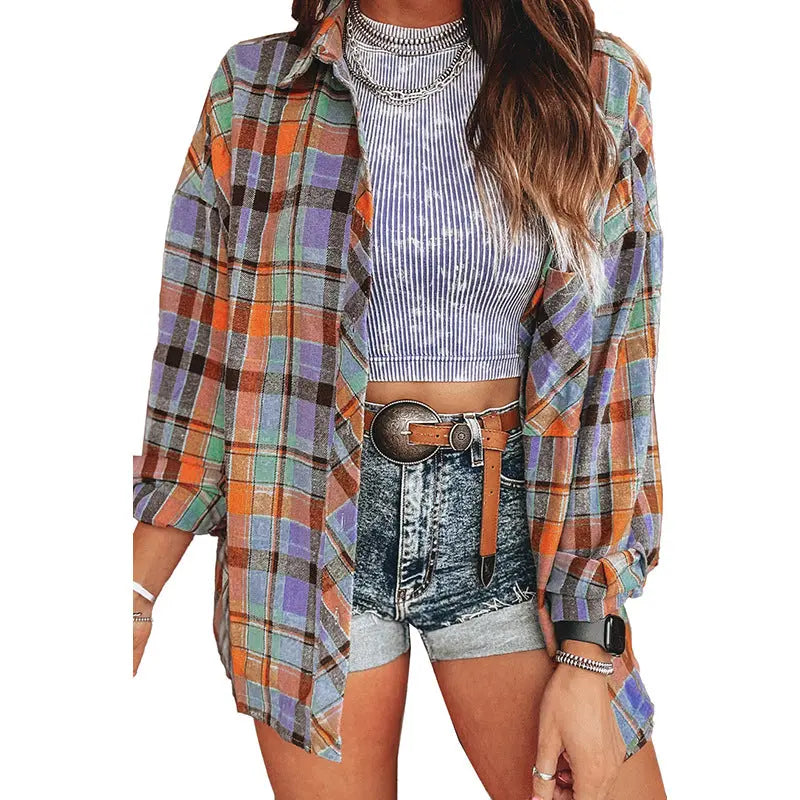 Summer New Plaid Printed Long-sleeved Top Women WshowbizMart