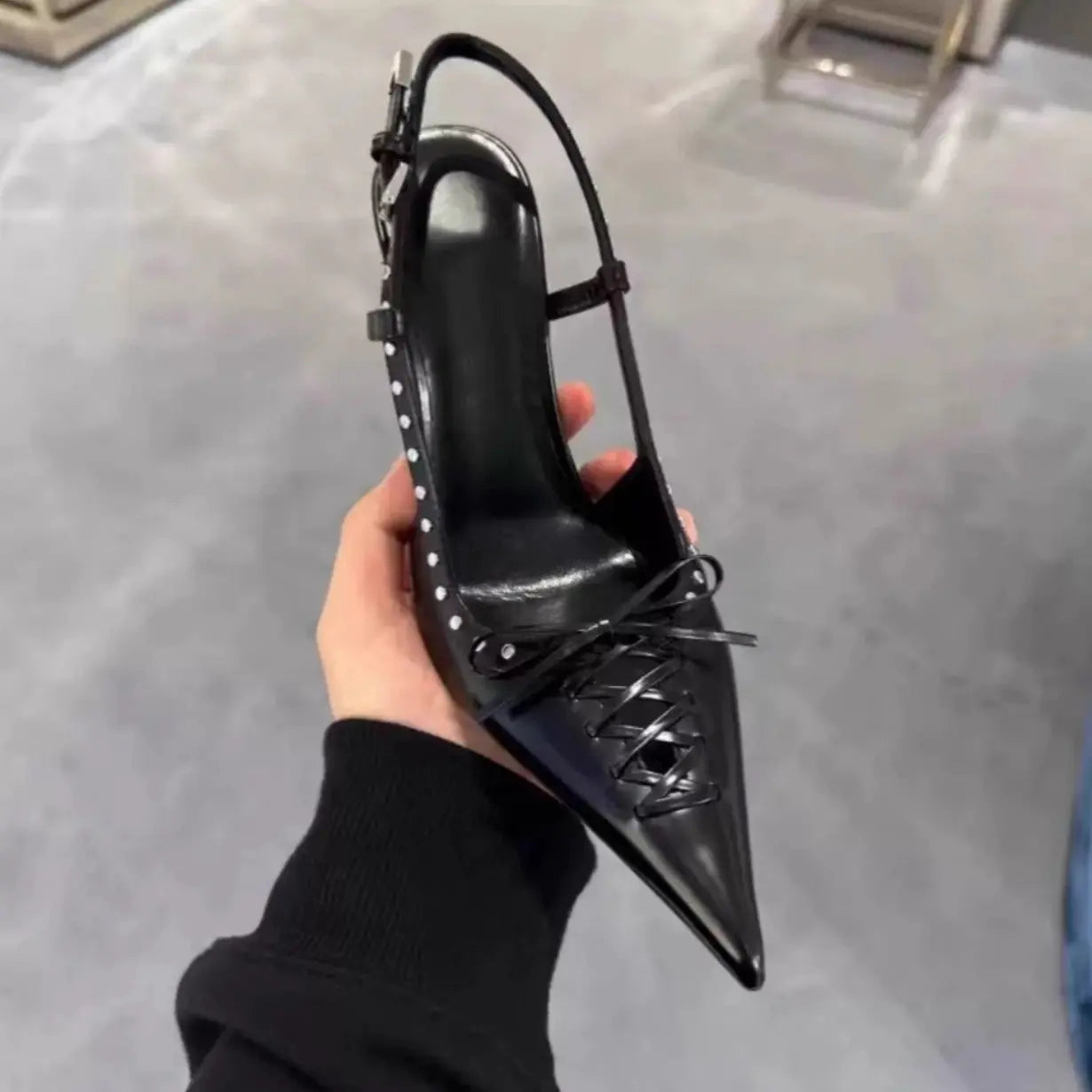 Pointed-toe Rivet-backed Stiletto Heels With A Thin Heel And Lace-up Design WshowbizMart