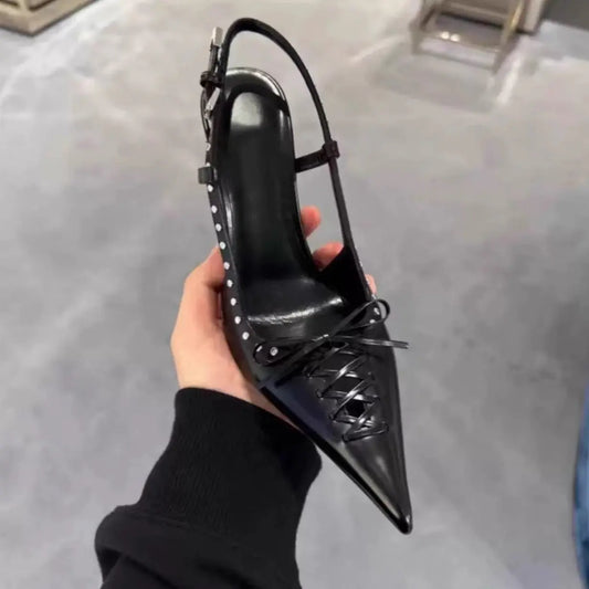 Pointed-toe Rivet-backed Stiletto Heels With A Thin Heel And Lace-up Design WshowbizMart