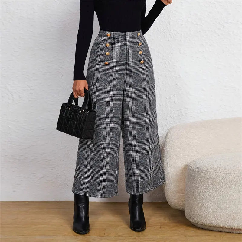 Women's Spring Fashion Plaid Wide-Leg Ninth Pants With Double-Breasted Decoration For Daily Office Wear WshowbizMart