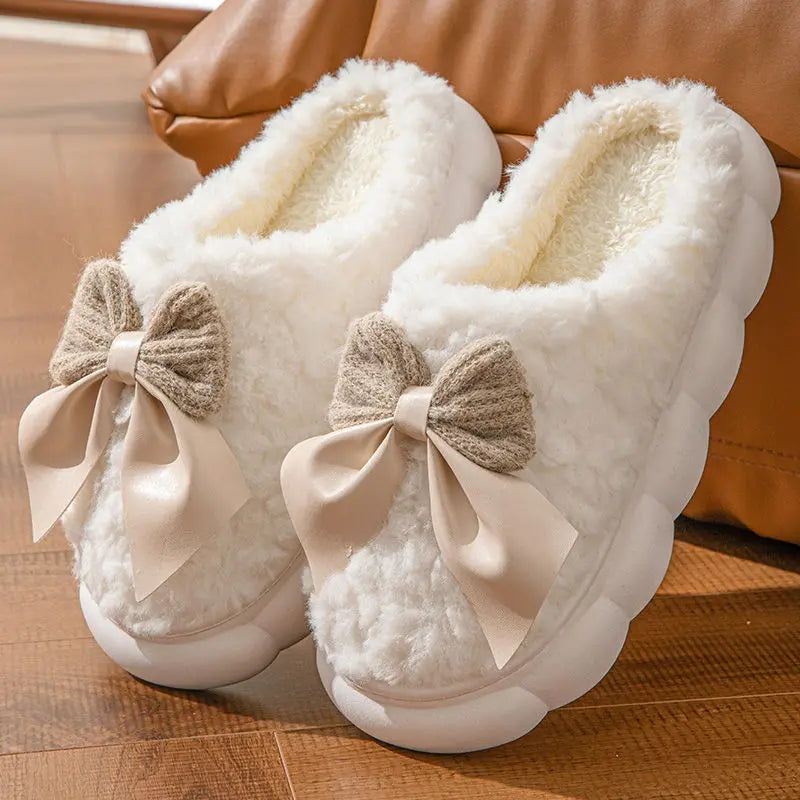 Bow Slippers Indoor Couple Non-slip Floor Bedroom Slippers Winter Warm Plush Home Shoes Household Indoor Warm WshowbizMart