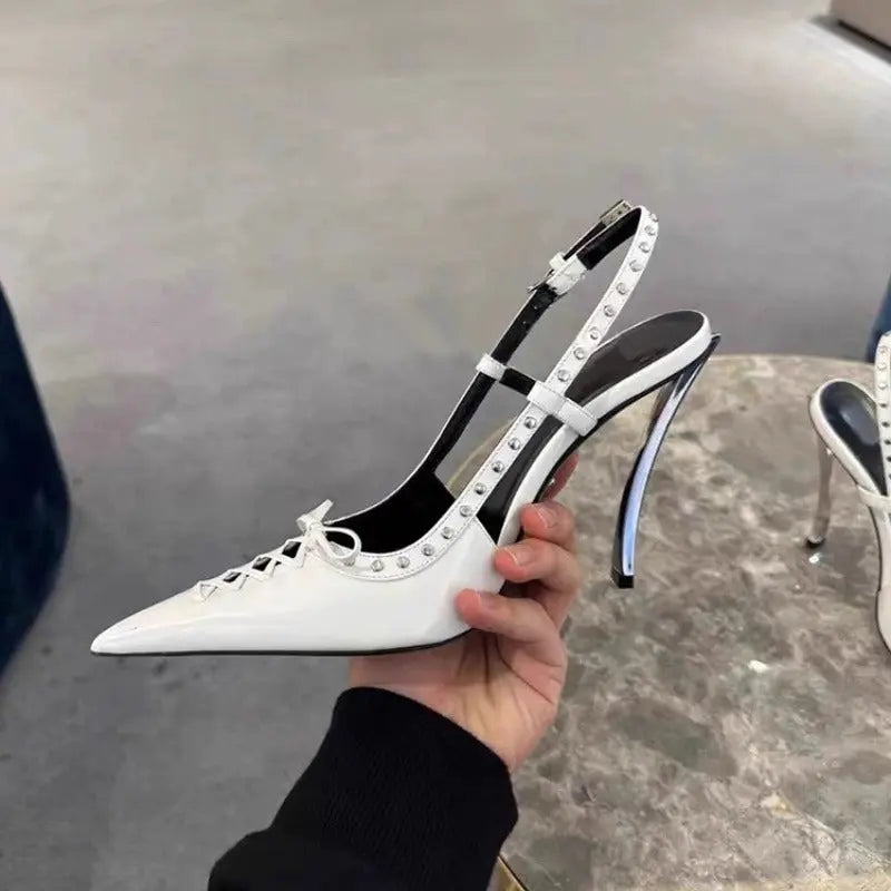 Pointed-toe Rivet-backed Stiletto Heels With A Thin Heel And Lace-up Design WshowbizMart