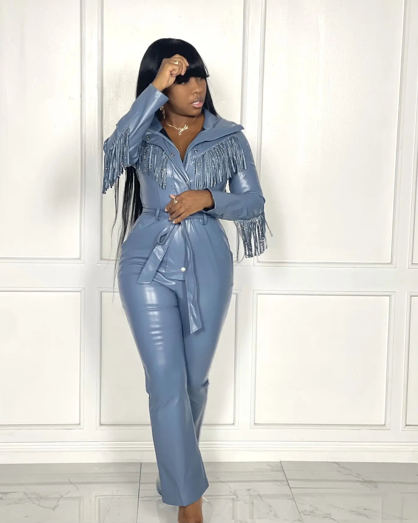 Lapel Button Faux Leather Jumpsuit ShowbizMart