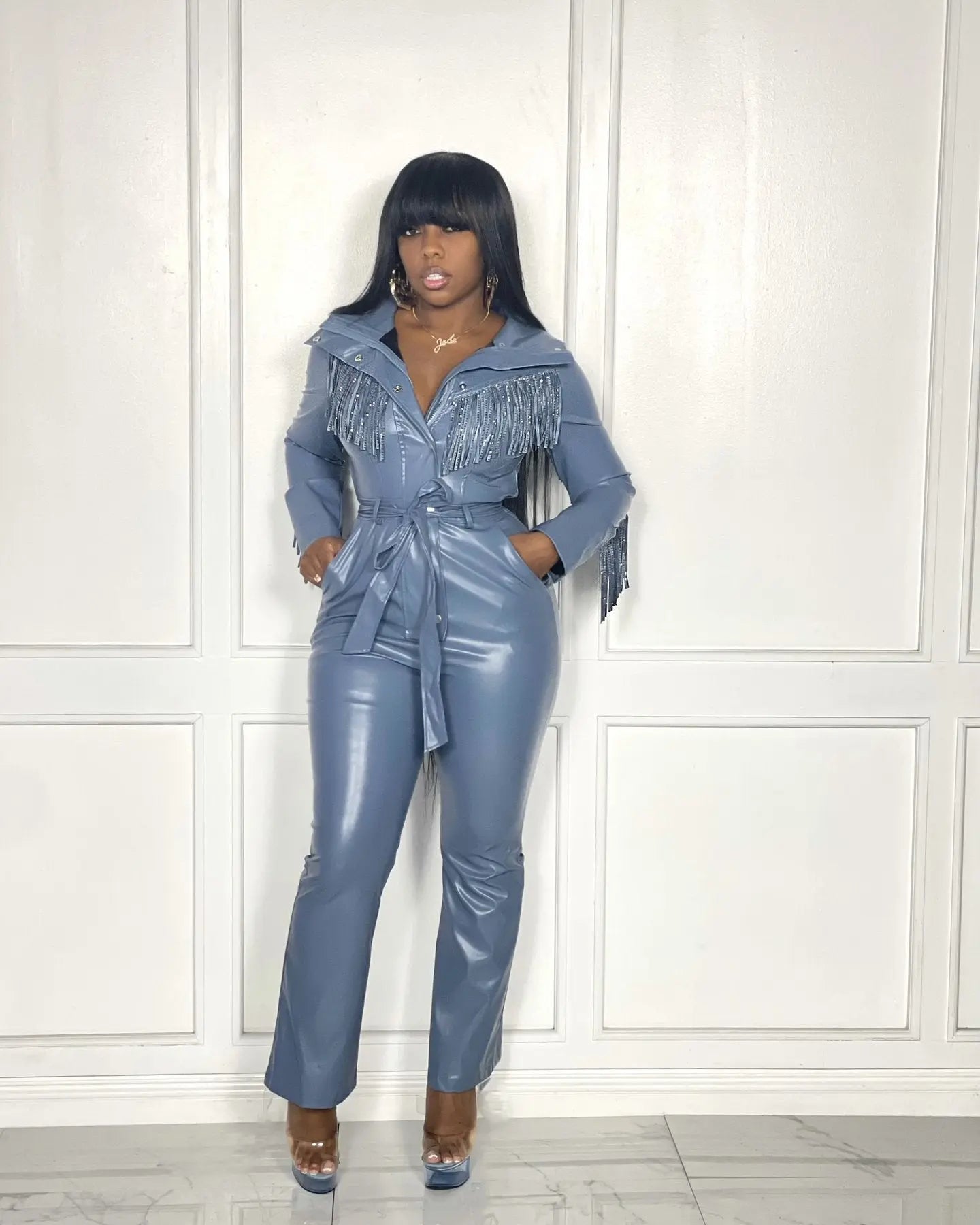 Lapel Button Faux Leather Jumpsuit ShowbizMart