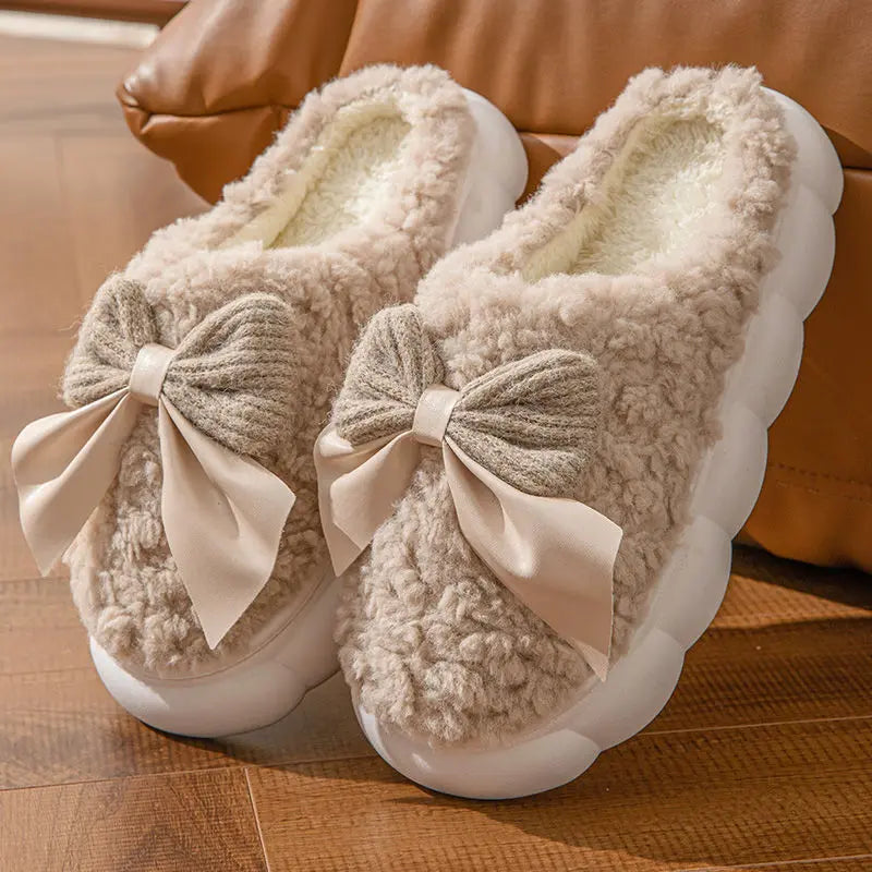 Bow Slippers Indoor Couple Non-slip Floor Bedroom Slippers Winter Warm Plush Home Shoes Household Indoor Warm WshowbizMart