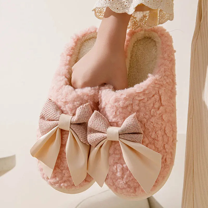 Bow Slippers Indoor Couple Non-slip Floor Bedroom Slippers Winter Warm Plush Home Shoes Household Indoor Warm WshowbizMart