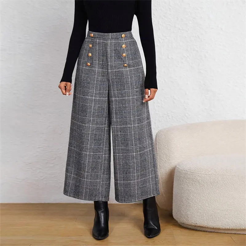 Women's Spring Fashion Plaid Wide-Leg Ninth Pants With Double-Breasted Decoration For Daily Office Wear WshowbizMart