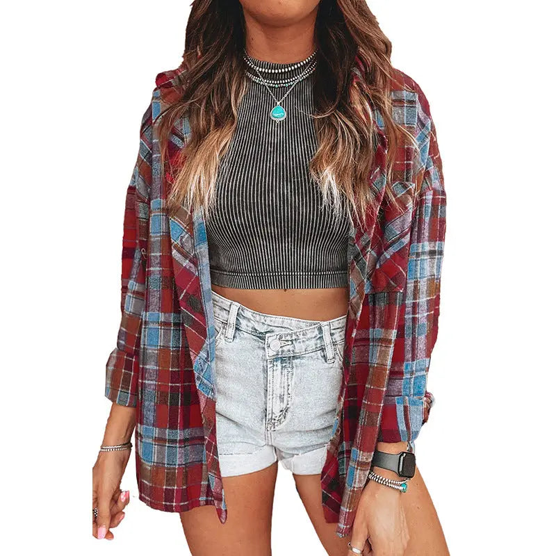 Summer New Plaid Printed Long-sleeved Top Women WshowbizMart