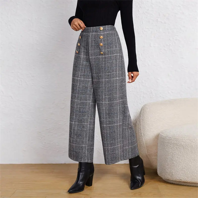 Women's Spring Fashion Plaid Wide-Leg Ninth Pants With Double-Breasted Decoration For Daily Office Wear WshowbizMart