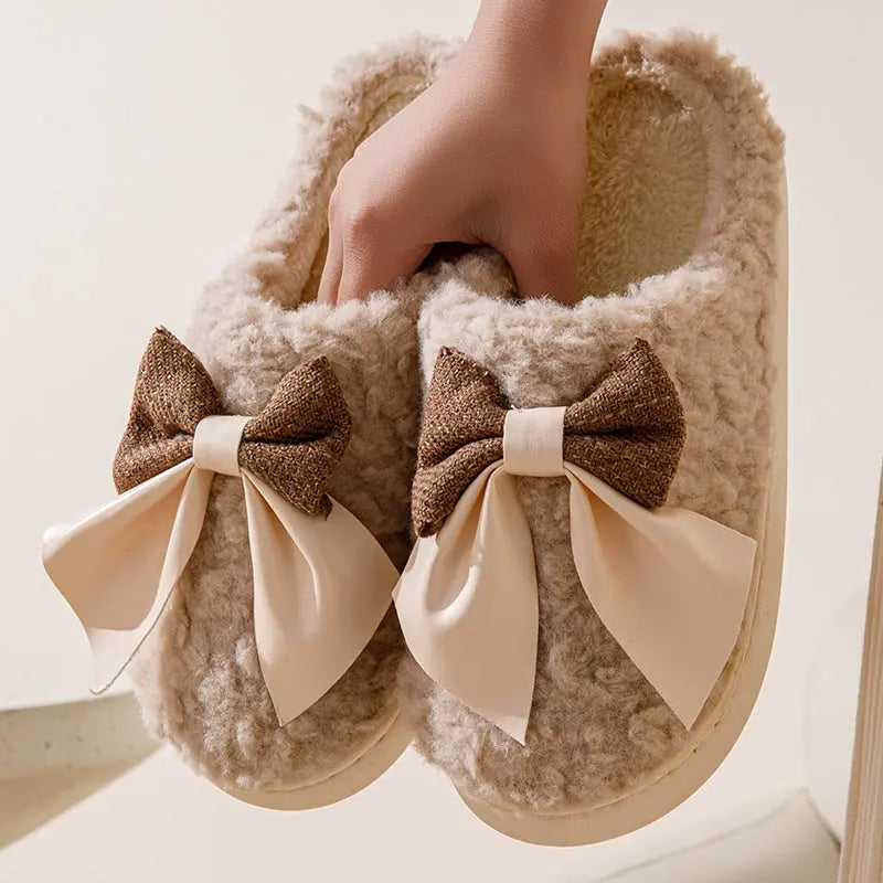 Bow Slippers Indoor Couple Non-slip Floor Bedroom Slippers Winter Warm Plush Home Shoes Household Indoor Warm WshowbizMart