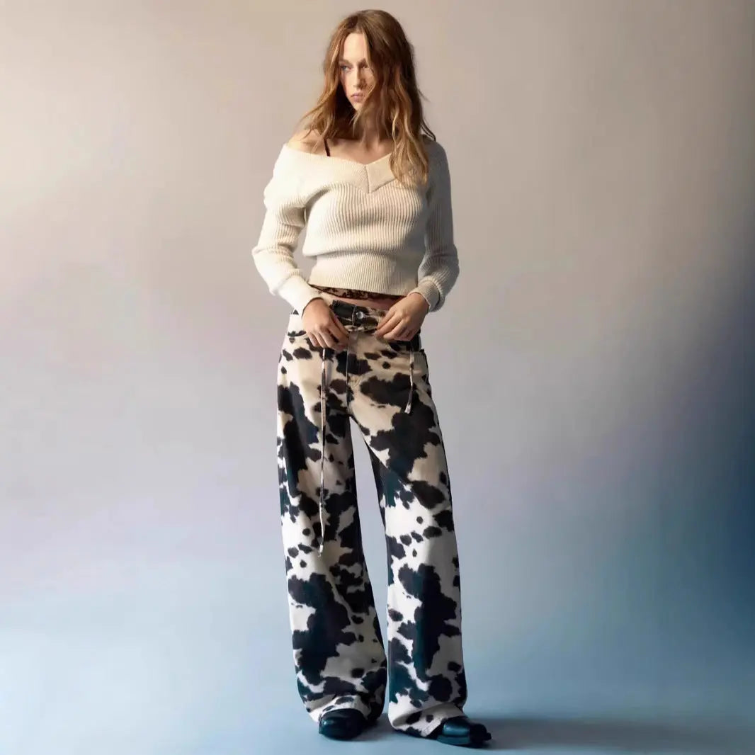 Womens Retro Washed Denim Jeans With Cow Print