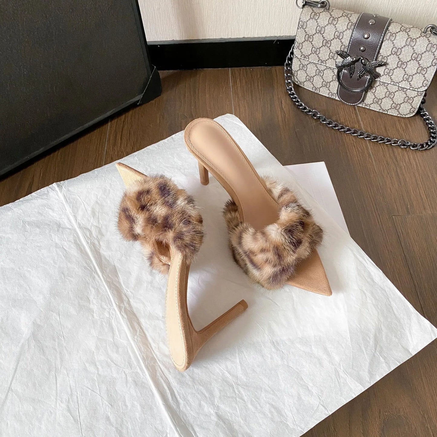 Pointed-toe Slender High-heel Non-slip Plush Shoes High-heel Slippers WshowbizMart