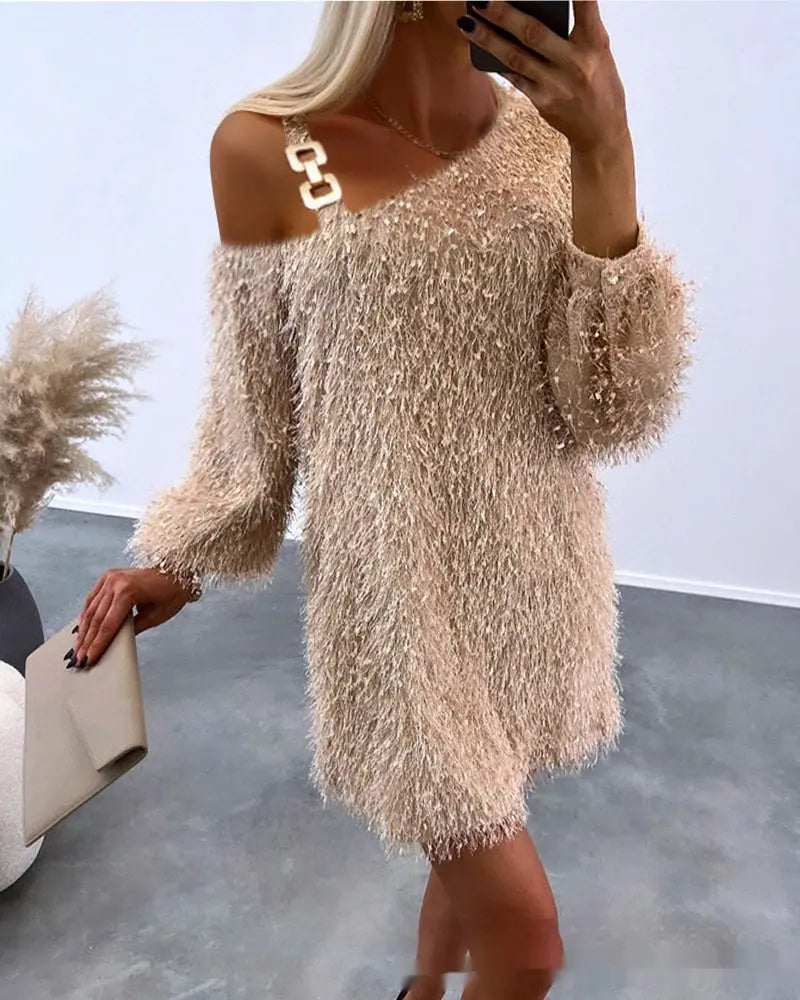 Womens Crew-Neck Fuzzy Tassel Dress