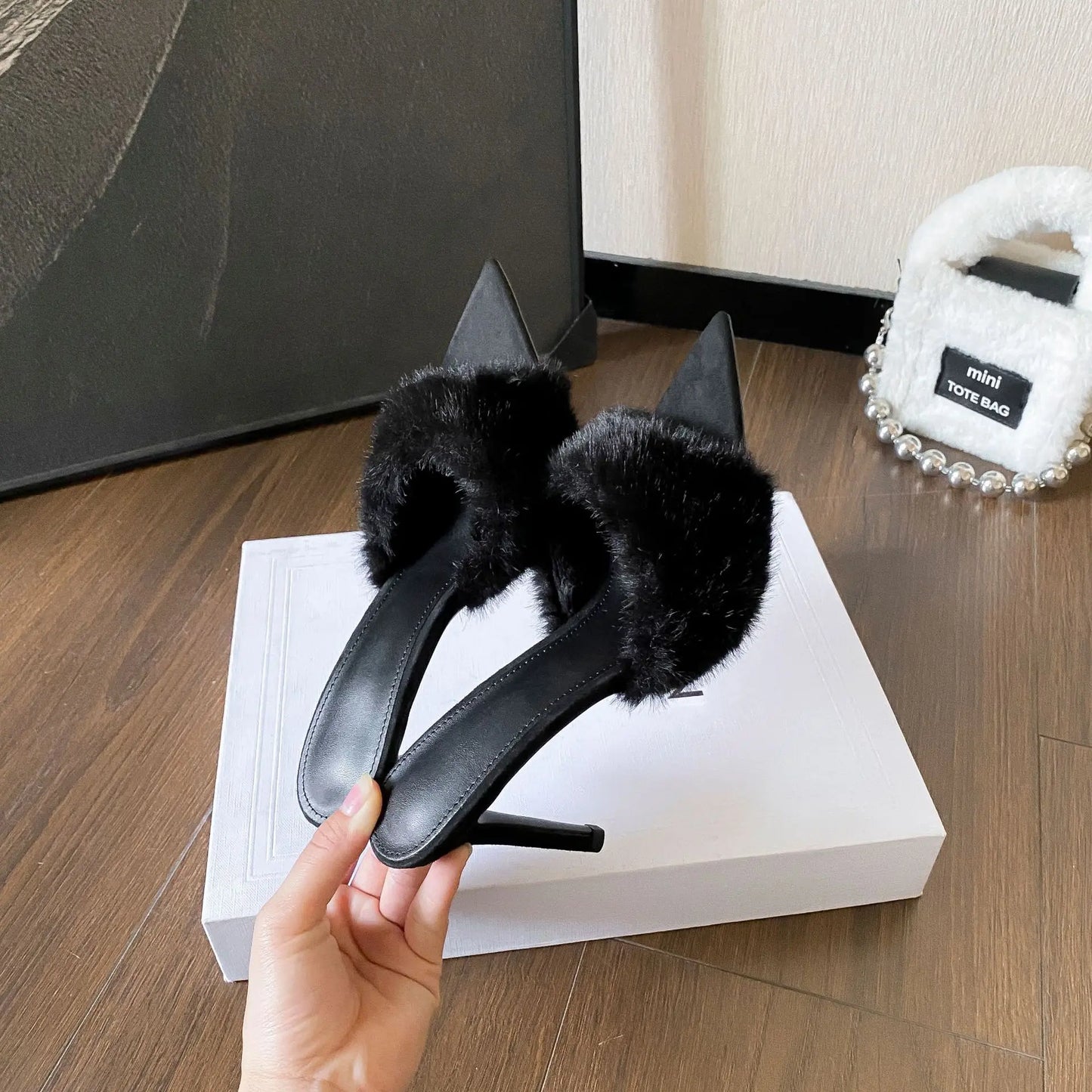 Pointed-toe Slender High-heel Non-slip Plush Shoes High-heel Slippers WshowbizMart