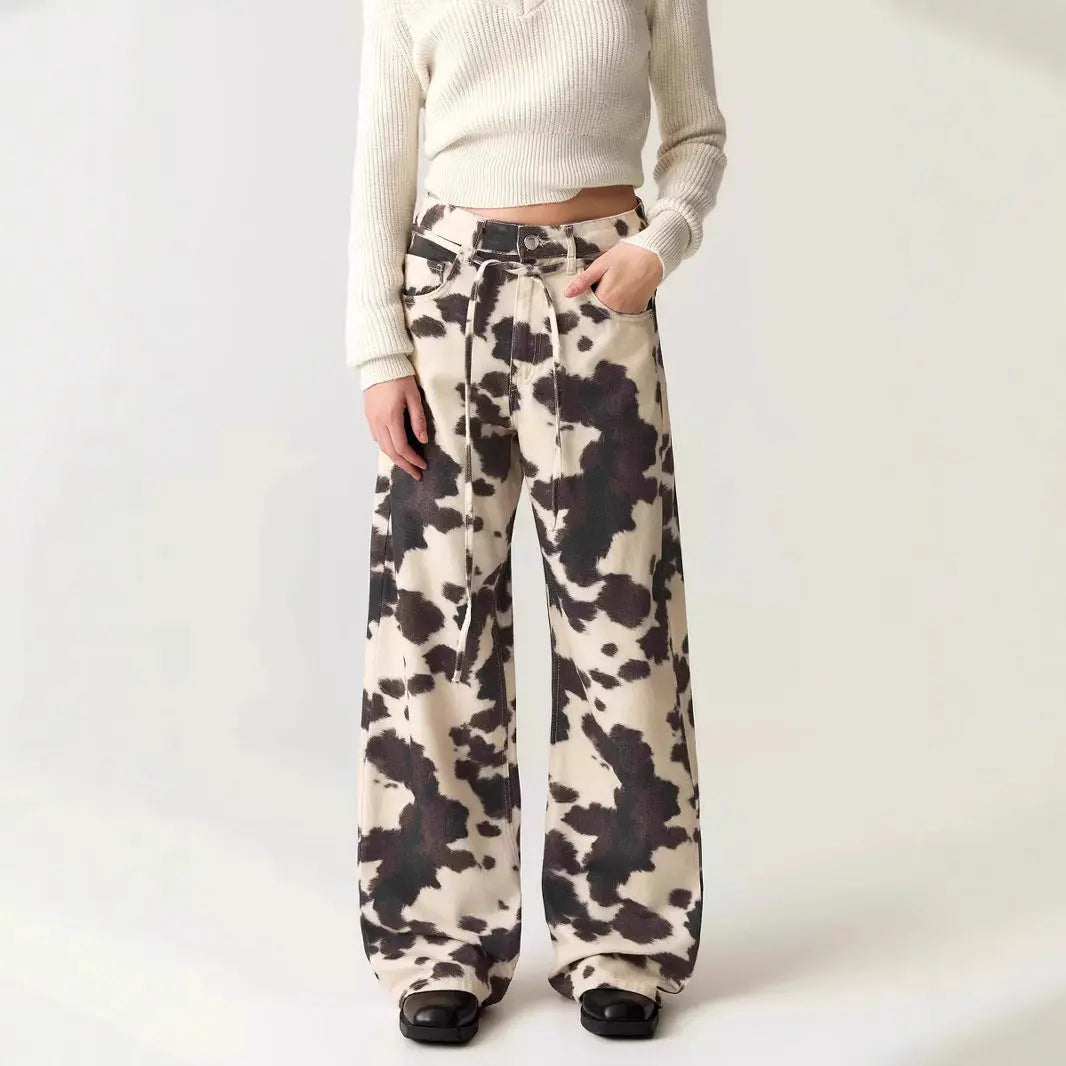 Womens Retro Washed Denim Jeans With Cow Print