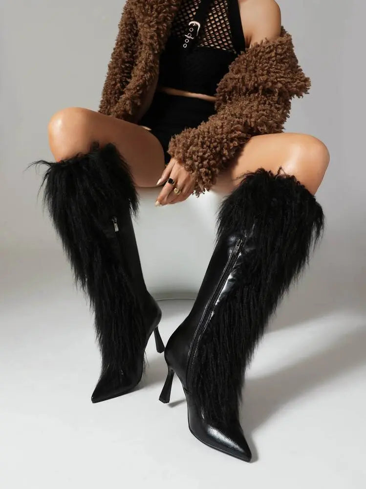Womens Tassel Boots Stylish HighHeel Long Boots With A Side Zipper WshowbizMart